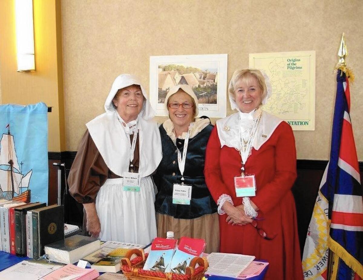 From left to right, Orange County Mayflower Colony members Dotty Wilson, Erica Hahn, Marcia Maloney at the Southern California Genealogical Society conference in Burbank four years ago.