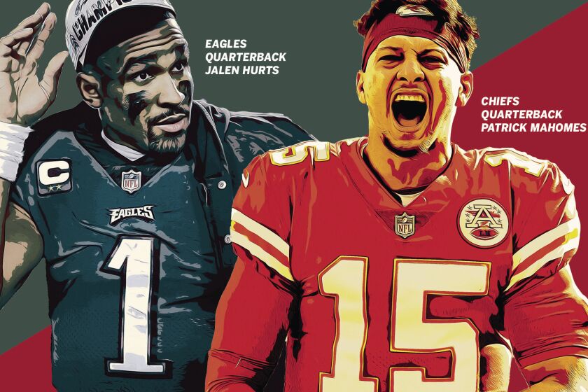 Photo illustration of Eagles quarterback Jalen Hurts and Chiefs quarterback Patrick Mahomes