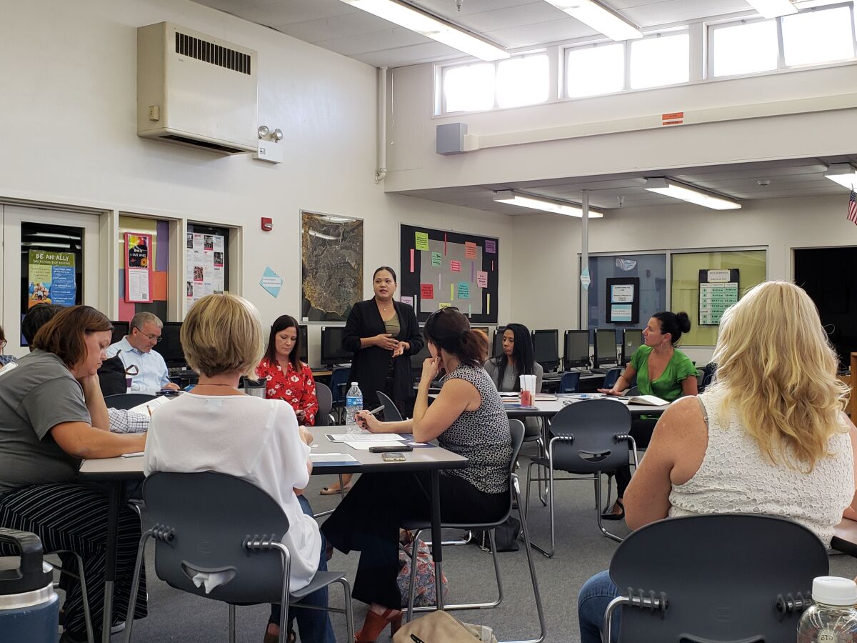 U.S. Census Bureau’s Joanne Nguyen (center) addresses the La Jolla Cluster Association Oct. 17 at Muirlands Middle School.