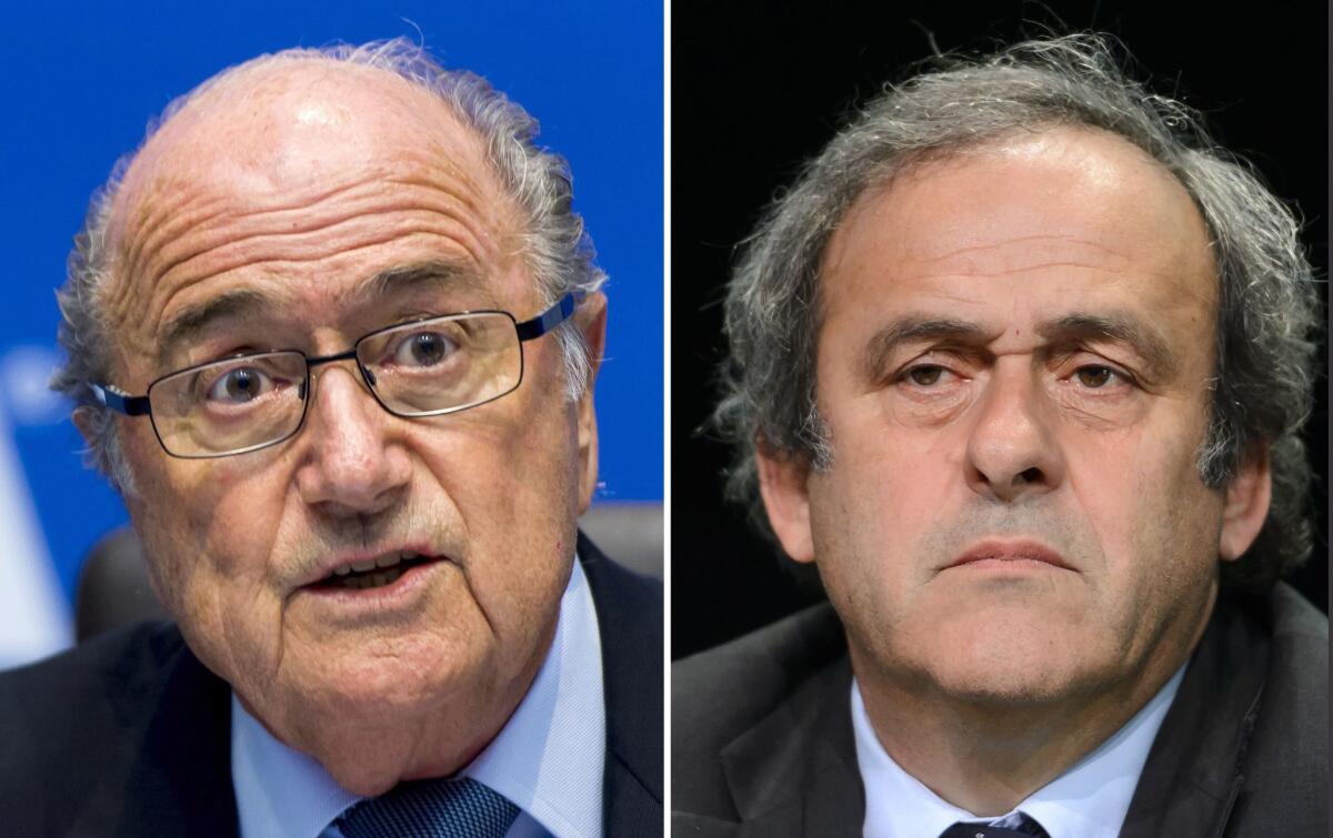 Bans for FIFA President Sepp Blatter, left, and UEFA President Michel Platin were reduced from eight years to six on appeal Thursday.