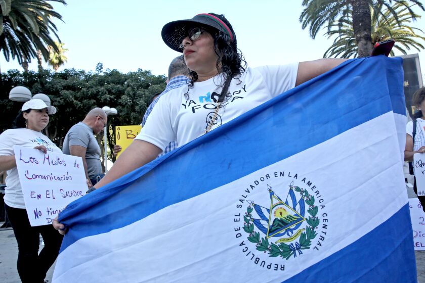 Salvadorian activist Marta Peinado holds an El Salvador flag at while protesting the IX Summit of the Americas.