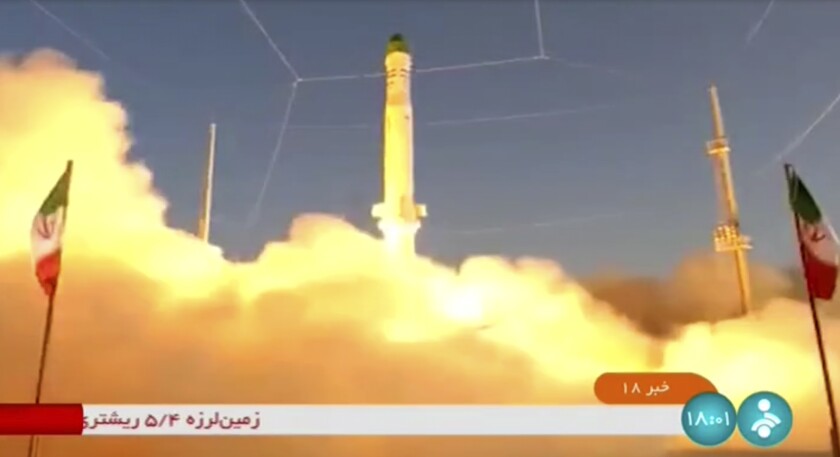 In this frame grab from video footage released Sunday, June 26, 2022 by Iran state TV, IRINN, shows an Iranian satellite-carrier rocket, called “Zuljanah,” blasting off from an undisclosed location in Iran. State TV on Sunday aired the launch of the solid-fueled rocket, which drew a rebuke from Washington ahead of the expected resumption of stalled talks over Tehran’s tattered nuclear deal with world powers. (IRINN via AP)