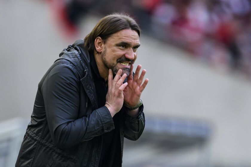 FILE - Gladbach's coach Daniel Farke reacts during the German Bundesliga soccer match between VfB Stuttgart and Borussia Moenchengladbach in Stuttgart, Germany, on April 29, 2023. Borussia Moenchengladbach coach Daniel Farke left the German club on Friday after his season in charge ended with the club missing out on qualifying for European competitions. Farke had been at Gladbach since June 2022 and led the team to a 10th-place finish in the Bundesliga after a late slump. (Tom Weller/dpa via AP)