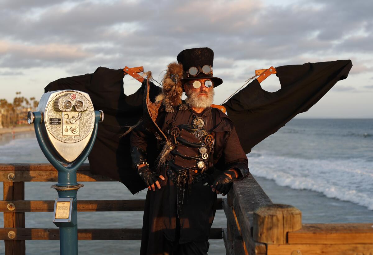 Dean LeCrone as Dr. Artemus Peepers, cosplaying at the Oceanside pier, with his companion Driggon the Drabbit.