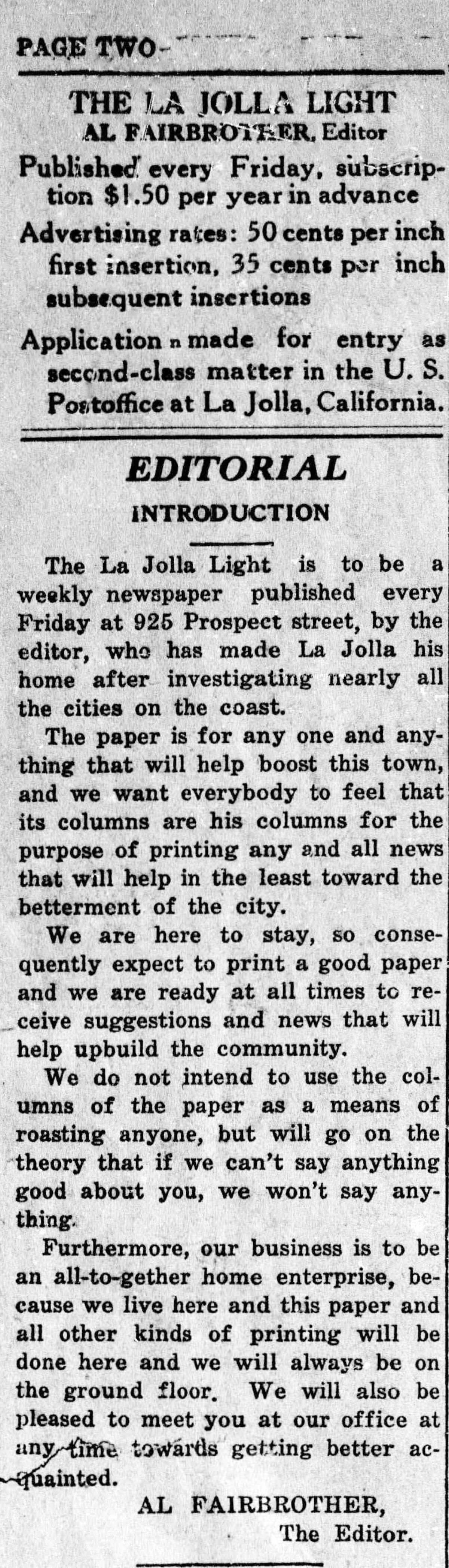 Editorial by Al Fairbrother published April 7, 1922 on page two of the first edition of the La Jolla Light.