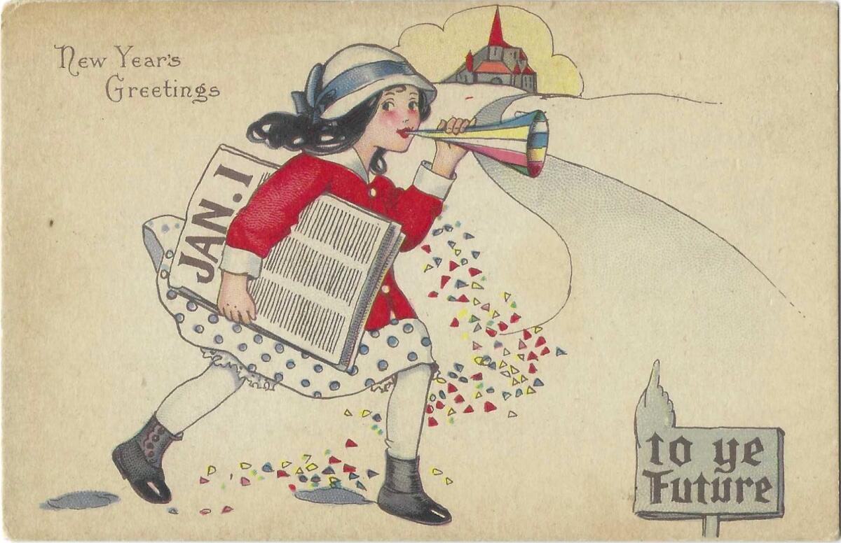 Text: "New Year's Greetings. To ye future." A girl blows a horn and carries a "Jan. 1" newspaper.