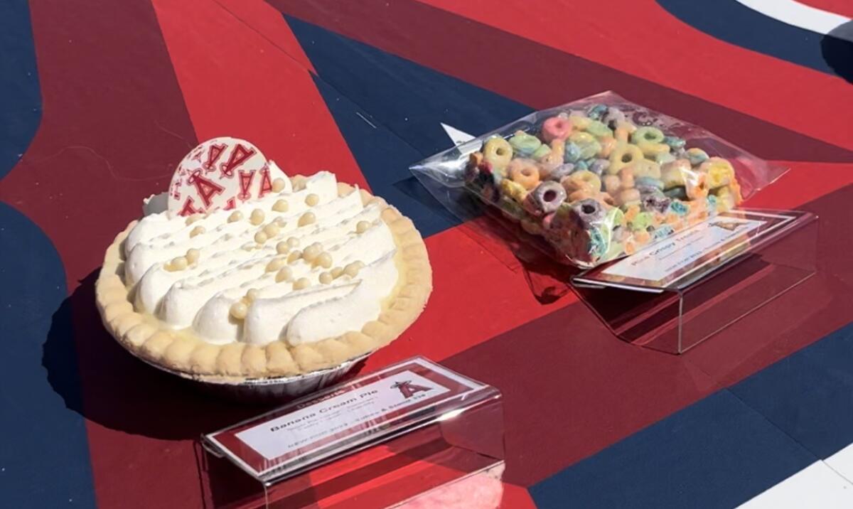Banana cream pie, left, and Rice Krispie treats at Angels Stadium