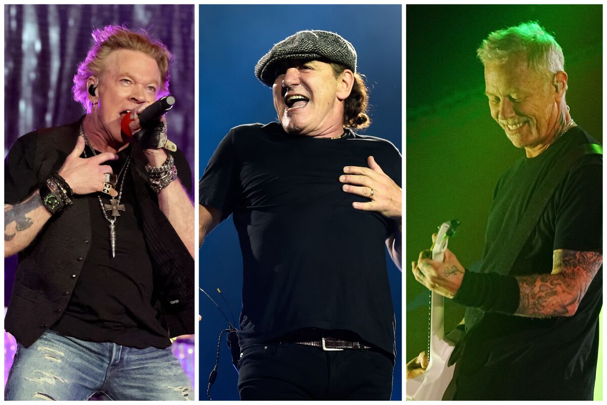 Guns N' Roses' Axl Rose, AC/DC's Brian Johnson and James Hetfield.