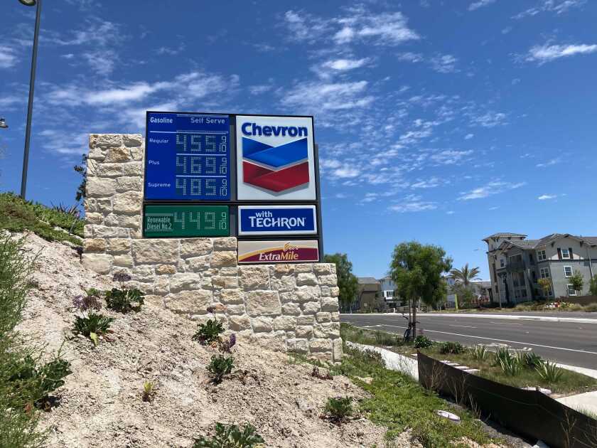 Gasoline prices listed outside a Chevron in Chula Vista.