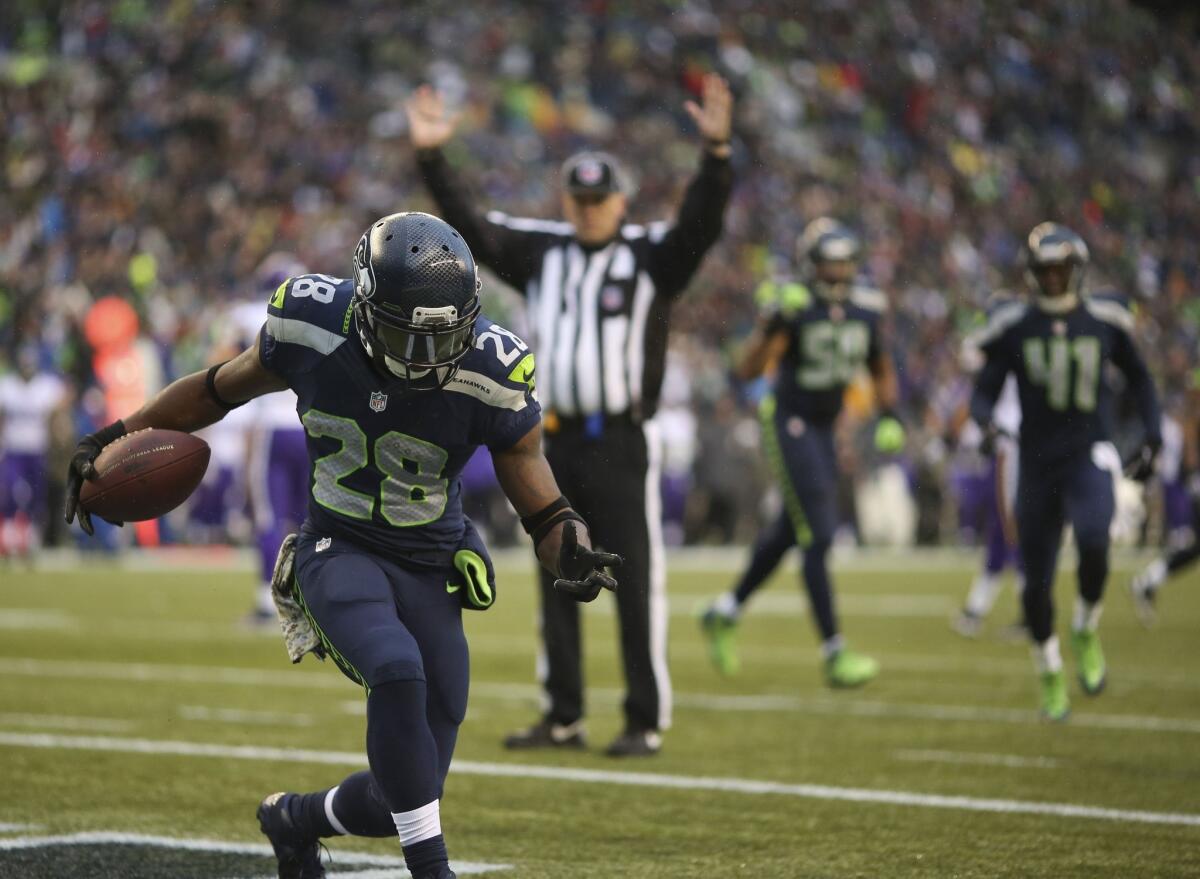 Seahawks cornerback Walter Thurmond celebrates after returning an interception for a touchdown against the Minnesota Vikings two weeks ago.