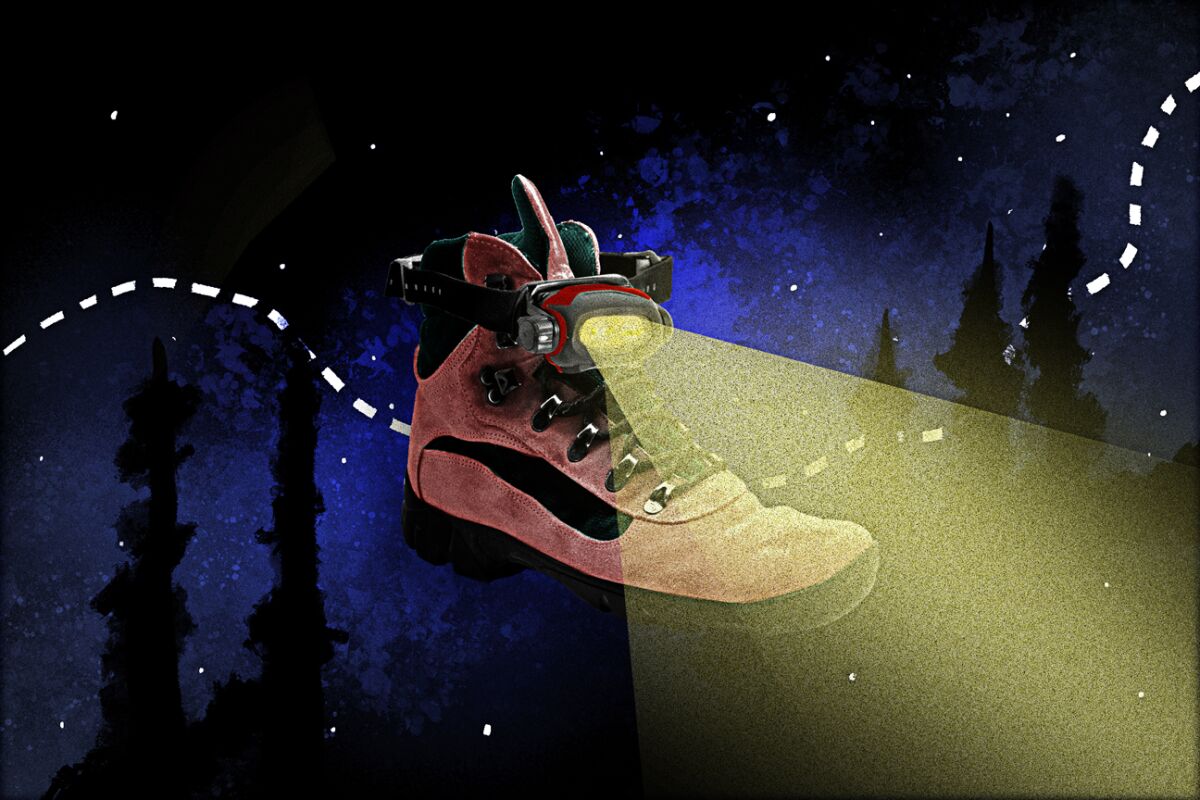 An illustration of a headlamp on a hiking boot with the night sky as a backdrop.
