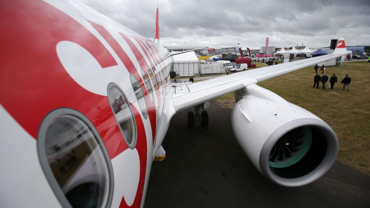 The Bombardier CS-100 passenger jet at the Farnborough International Airshow in July 2016. After Bombardier and Delta Air Lines struck a deal for 75 CS-100s, Boeing complained that Bombardier gets unfair government subsidies.