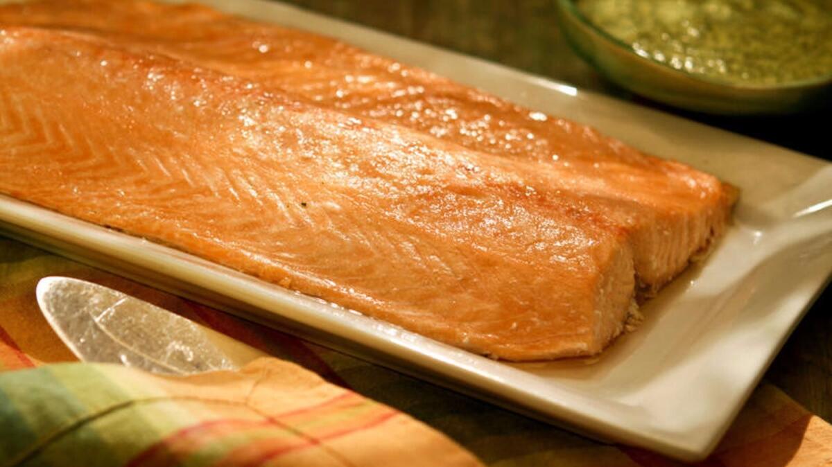 Oven-steamed salmon with dill mayonnaise.
