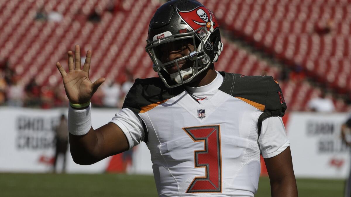 Tampa Bay Buccaneers quarterback Jameis Winston waves before a game against the San Francisco 49ers on Sunday.