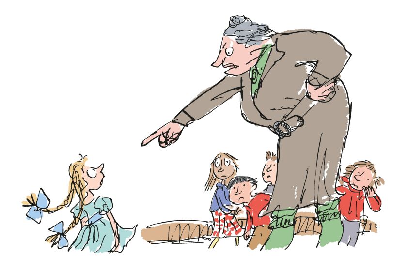 Quentin Blake's illustration of Miss Trunchbull and her students in Roald Dahl's book "Matilda."