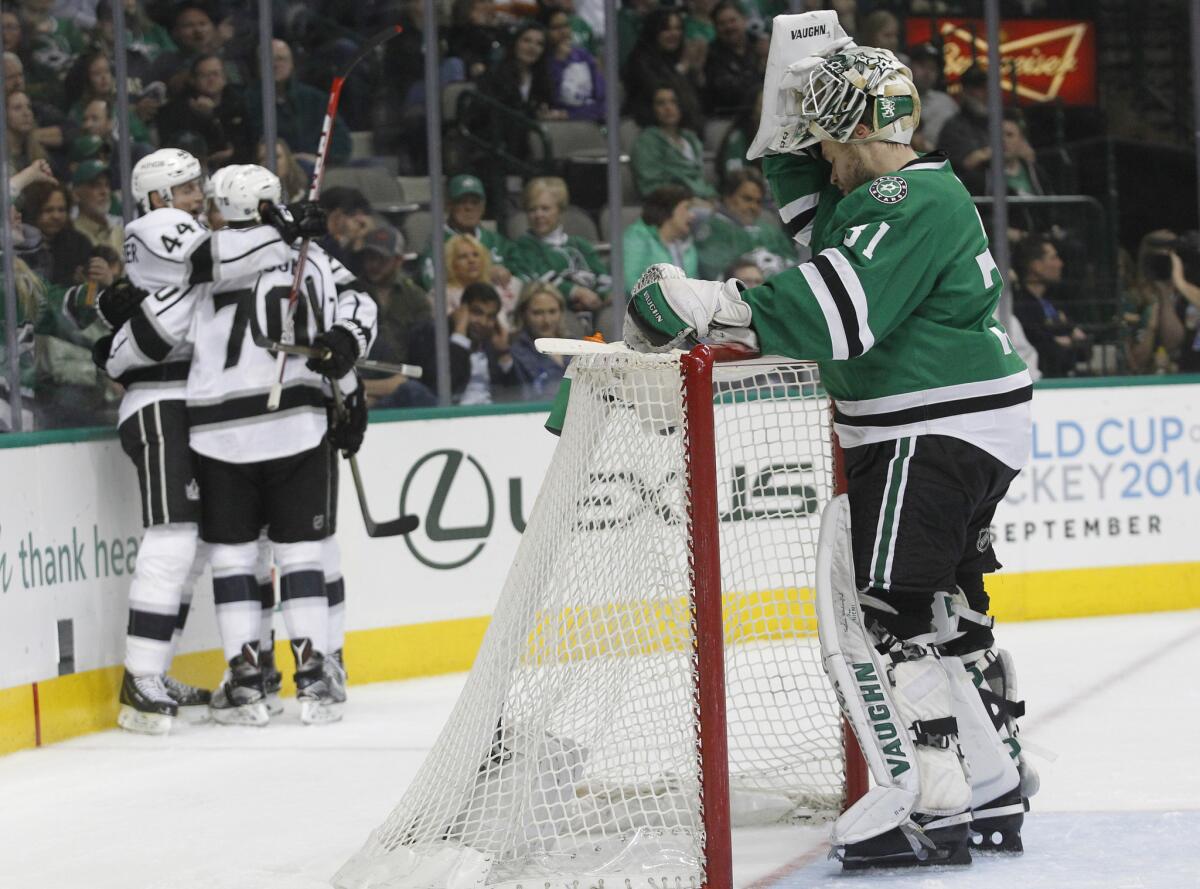 Stars goalie Antti Niemi takes off his helmet after giving up a goal to Kings forward Trevor Lewis during the second period of a game on March 15.