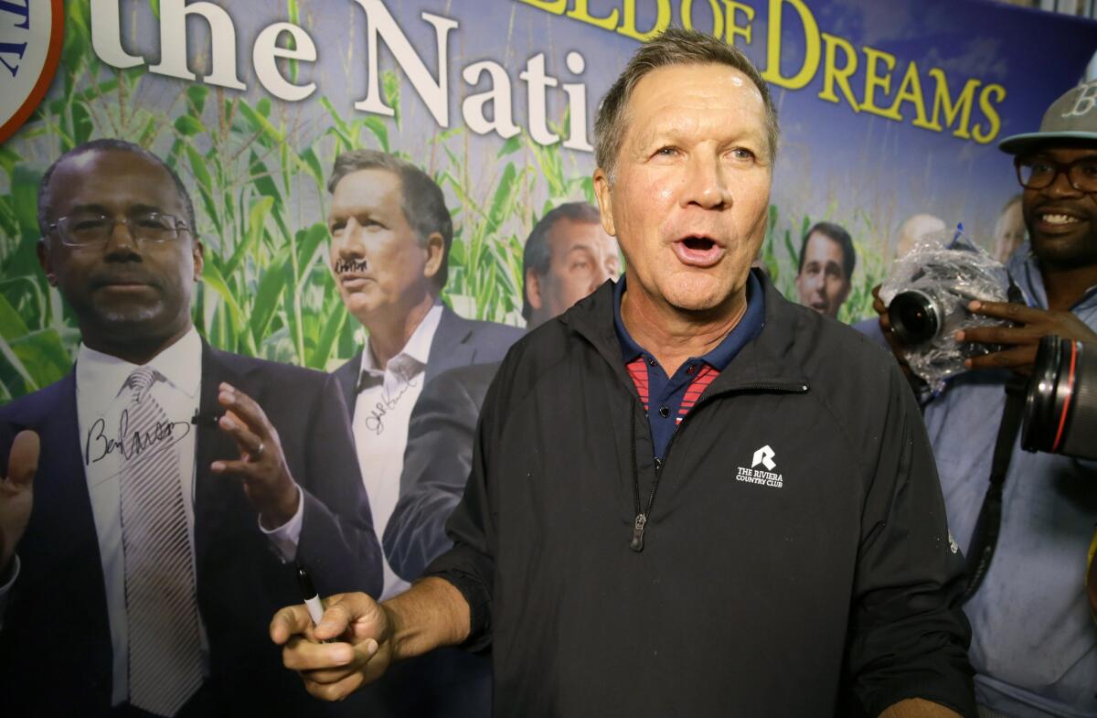 Ohio Gov. John Kasich, who's seeking the Republican nomination for president, drew a mustache on a photo of himself at the Iowa State Fair last week. The move was in keeping with the spontaneous spirit Kasich likes to display on the campaign trail -- and that he likes to remind audiences about.