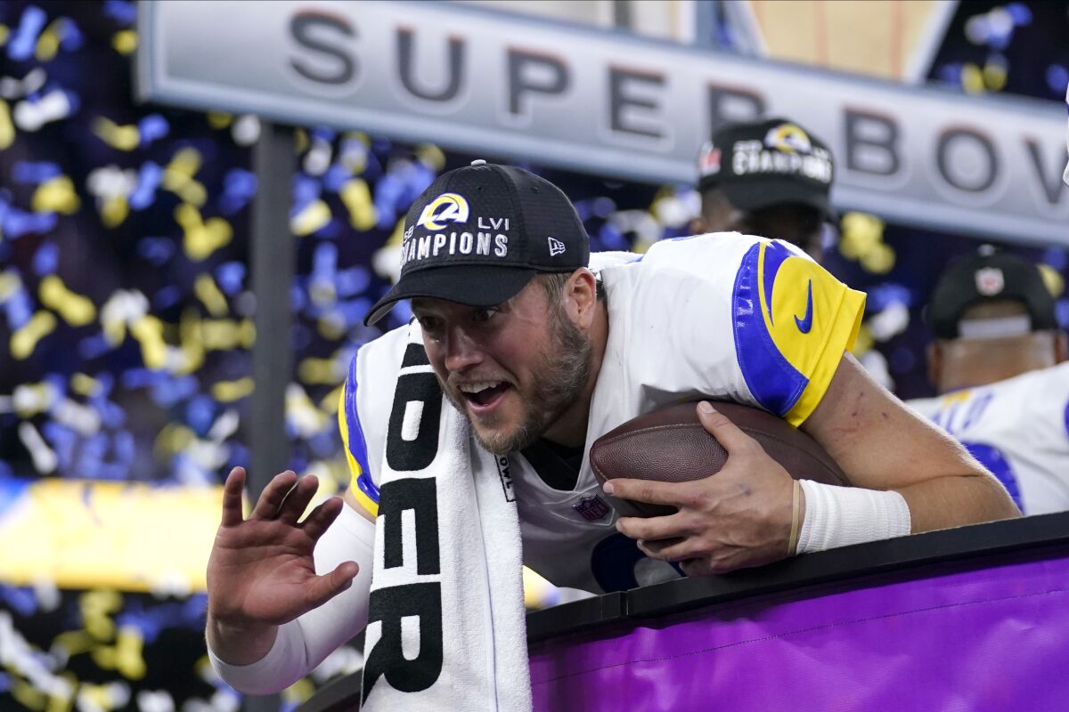 Los Angeles Rams quarterback Matthew Stafford celebrates after the Rams defeated the Cincinnati Bengals in the NFL Super Bowl 56 football game Sunday, Feb. 13, 2022, in Inglewood, Calif. (AP Photo/Marcio Jose Sanchez)