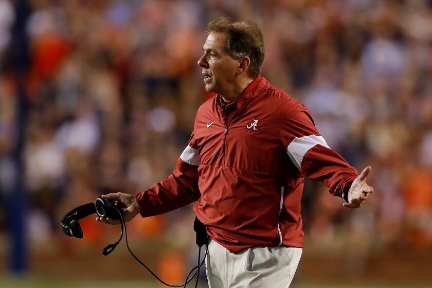 AUBURN, ALABAMA - NOVEMBER 30: Head coach Nick Saban of the Alabama Crimson Tide reacts during the game against the Auburn Tigers at Jordan Hare Stadium on November 30, 2019 in Auburn, Alabama. (Photo by Kevin C. Cox/Getty Images)