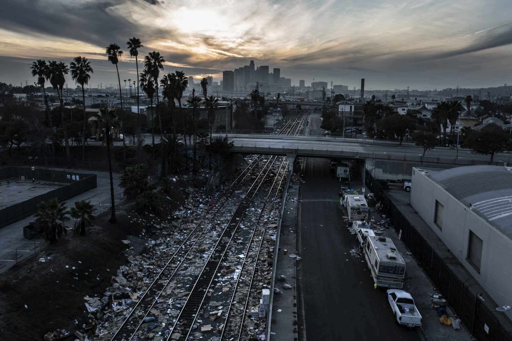 Aerial view of debris strewn across railroad tracks passing through Lincoln Heights.