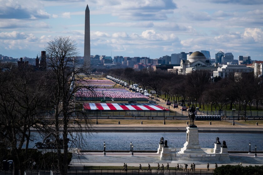 The National Mall in Washington is filled with flags instead of people on Monday.