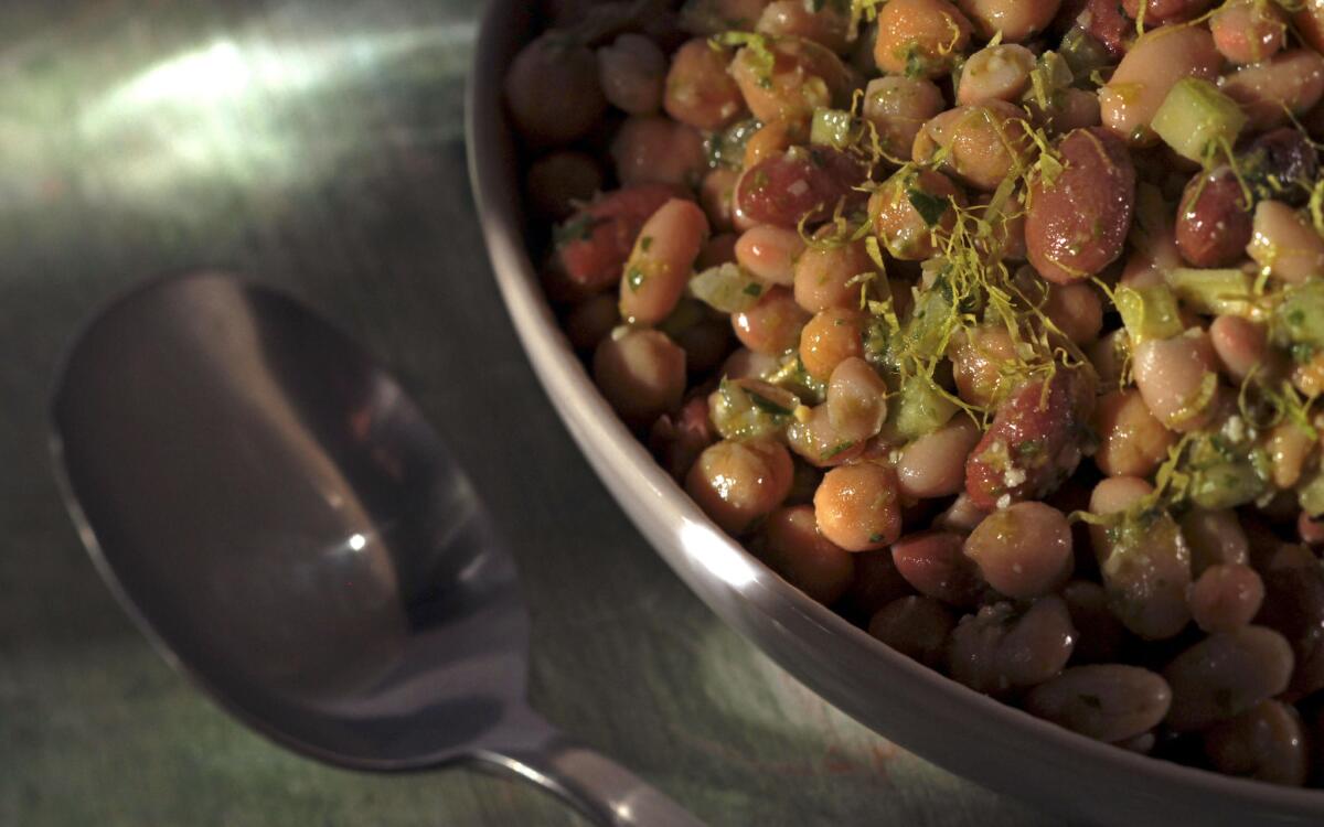 Bean salad with celery leaf pesto