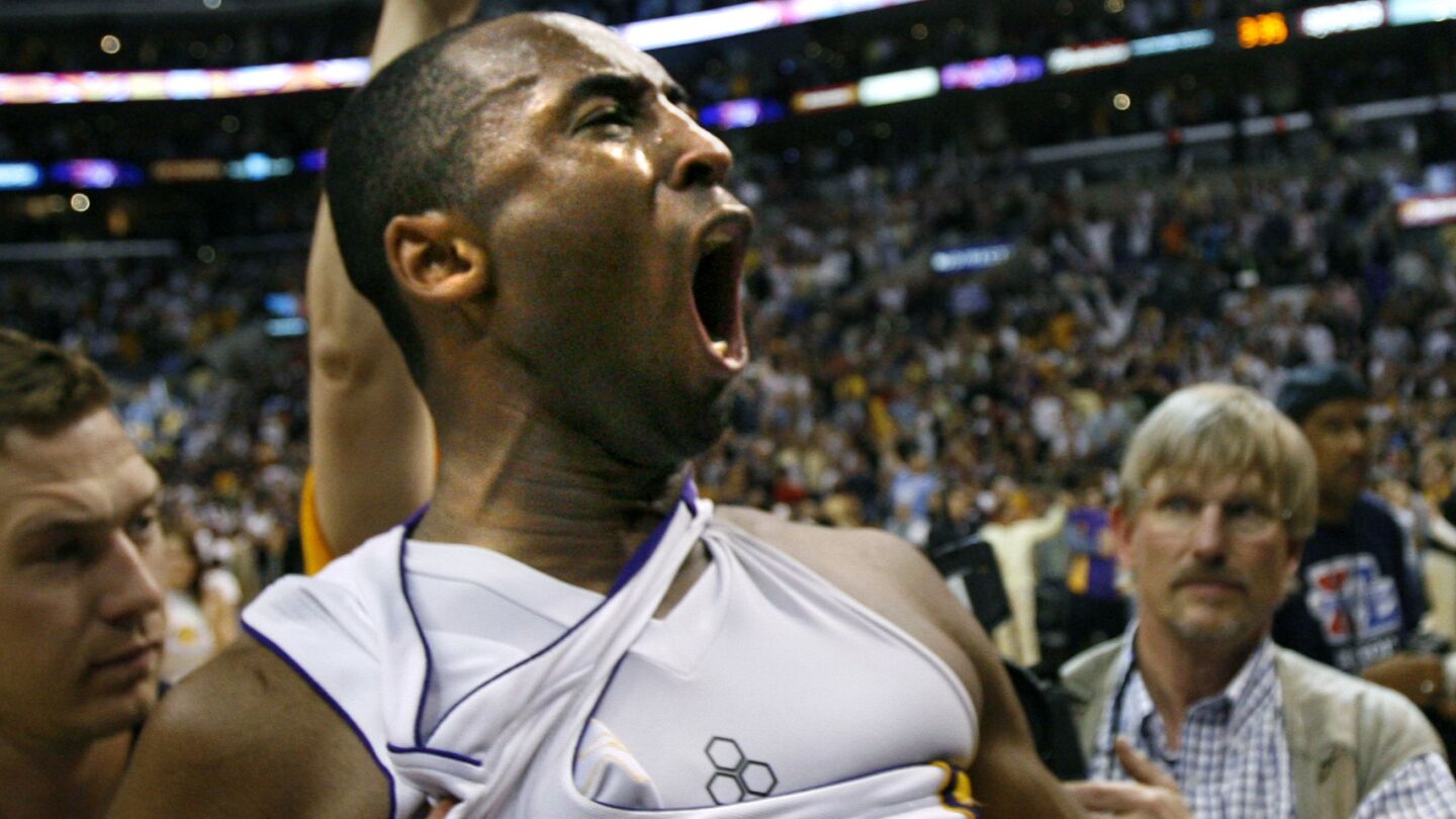 Lakers star Kobe Bryant reacts after hitting the winning shot against the Phoenix Suns in Game 4 of the 2006 Western Conference quarterfinals at Staples Center.