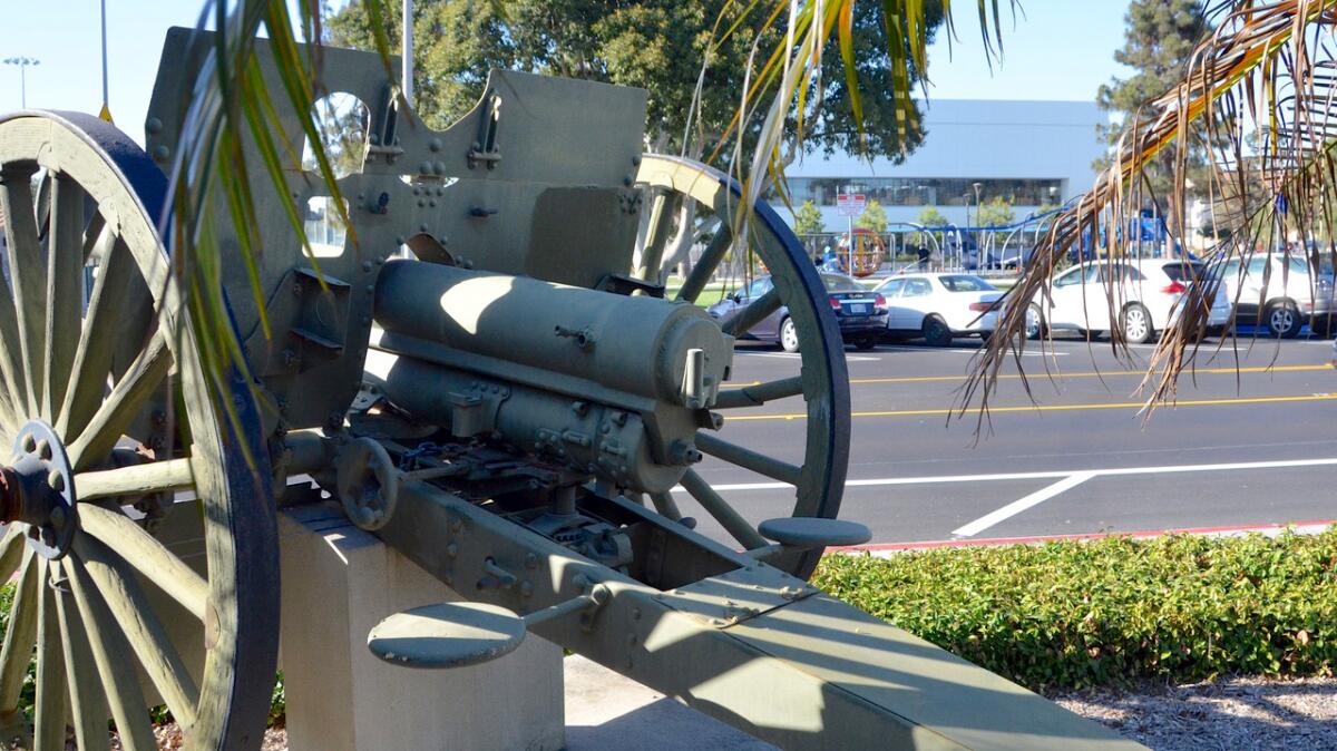  M-1902 U.S. Army field gun used for training purposes during WWI  sits in front of the Costa Mesa Police substation.