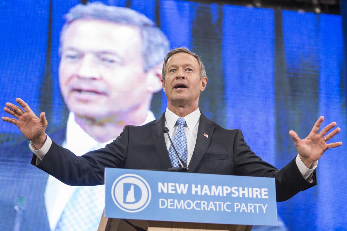 MANCHESTER, NH - SEPTEMBER 19: Democratic presidential candidate and former Maryland Governor Martin O'Malley talks on stage during the New Hampshire Democratic Party State Convention on September 19, 2015 in Manchester, New Hampshire. Five Democratic presidential candidates are all expected to address the crowd inside the Verizon Wireless Arena. (Photo by Scott Eisen/Getty Images) ** OUTS - ELSENT, FPG - OUTS * NM, PH, VA if sourced by CT, LA or MoD **