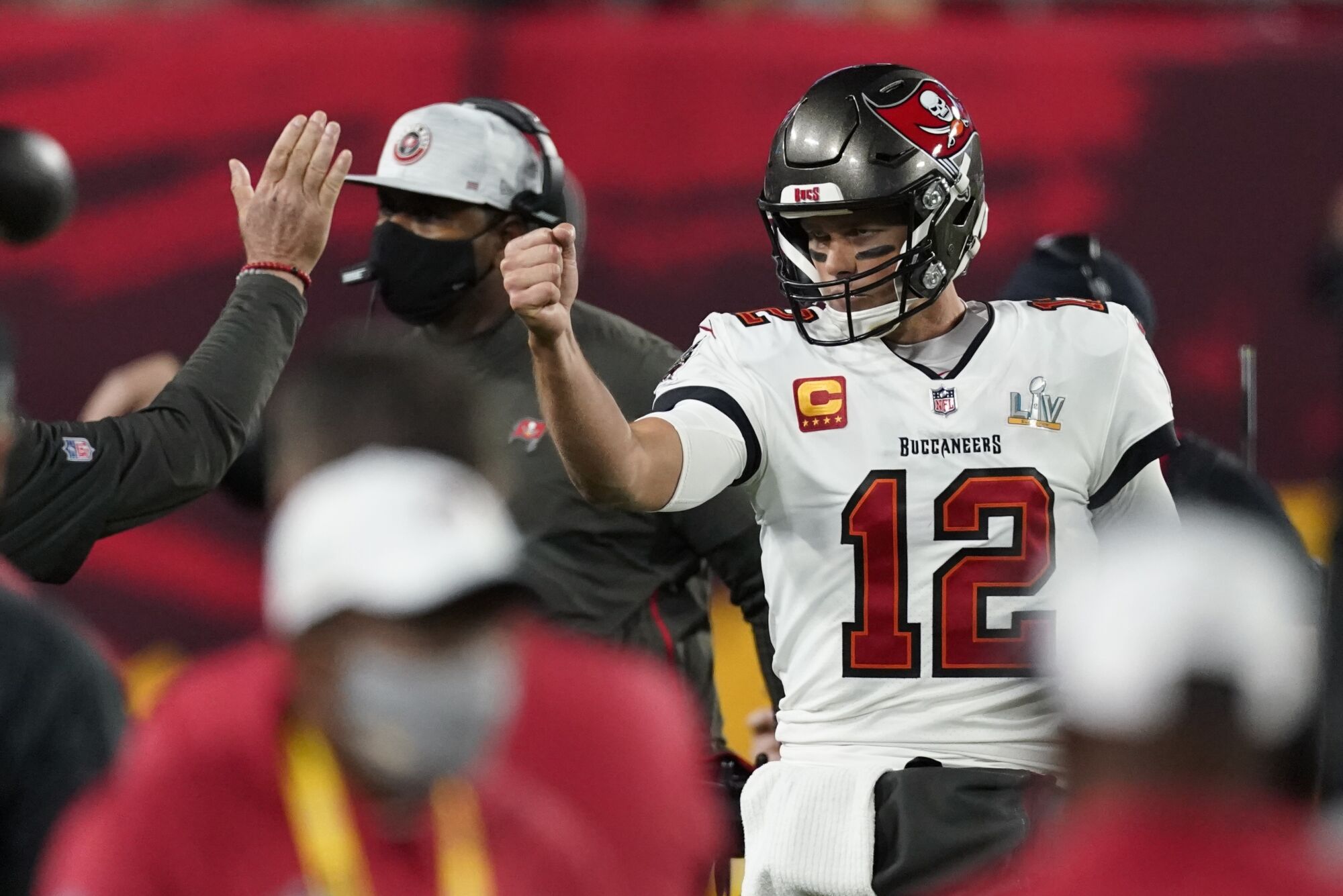 Tampa Bay Buccaneers quarterback Tom Brady celebrates after connecting with Rob Gronkowski for an 8-yard touchdown pass.