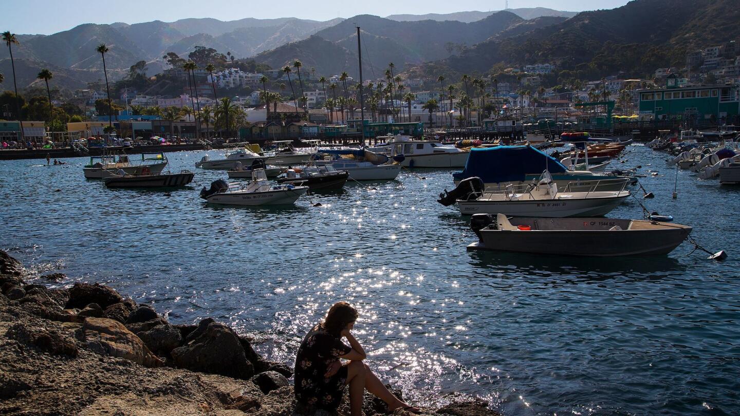 A woman spends a moment in reflection near the shore on Avalon, Calif.