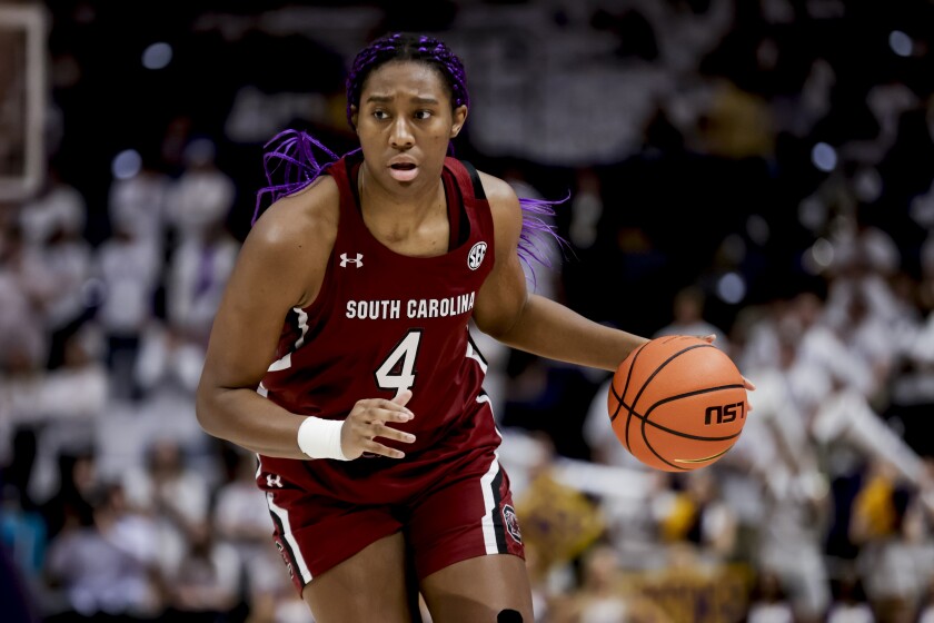South Carolina forward Aliyah Boston bring the ball up against LSU during the first half of an NCAA college basketball game in Baton Rouge, La., Thursday, Jan. 6, 2022. (AP Photo/Derick Hingle)