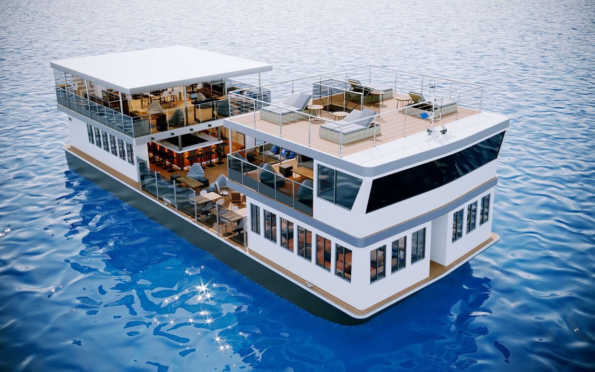 Rendering of three-level AQUAlounge, a 3,900-square-foot "floating day club" conceived by a San Diego tech entrepreneur that will anchor at the Hyatt Mission Bay Marina once it is completed this fall. It will be available for brunch and dinner cruises, as well as for special events like weddings.