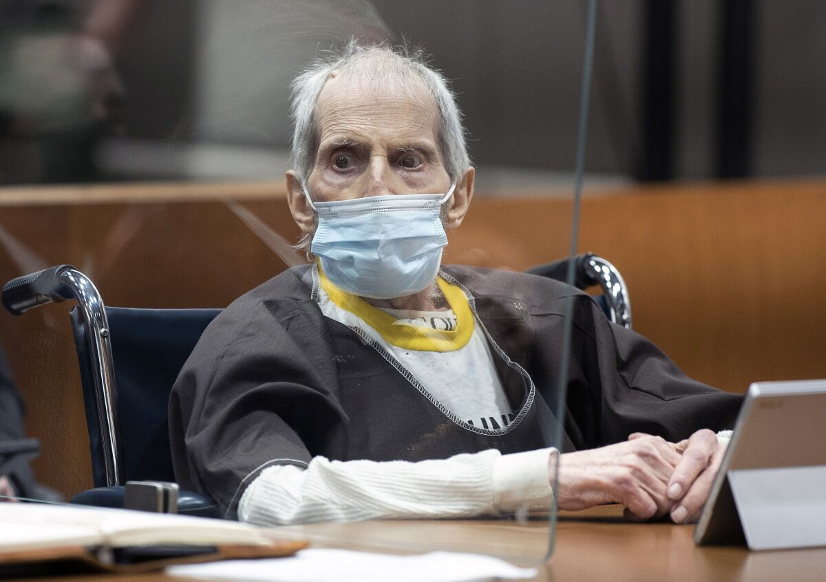 Robert Durst is sentenced to life without possibility of parole for killing Susan Bermann Thursday, Oct. 14, 2021 at the Airport Courthouse in Los Angeles. New York real estate heir Robert Durst was sentenced Thursday to life in prison without chance of parole for the murder of his best friend more that two decades ago. (Myung J. Chung/Los Angeles Times via AP, Pool)