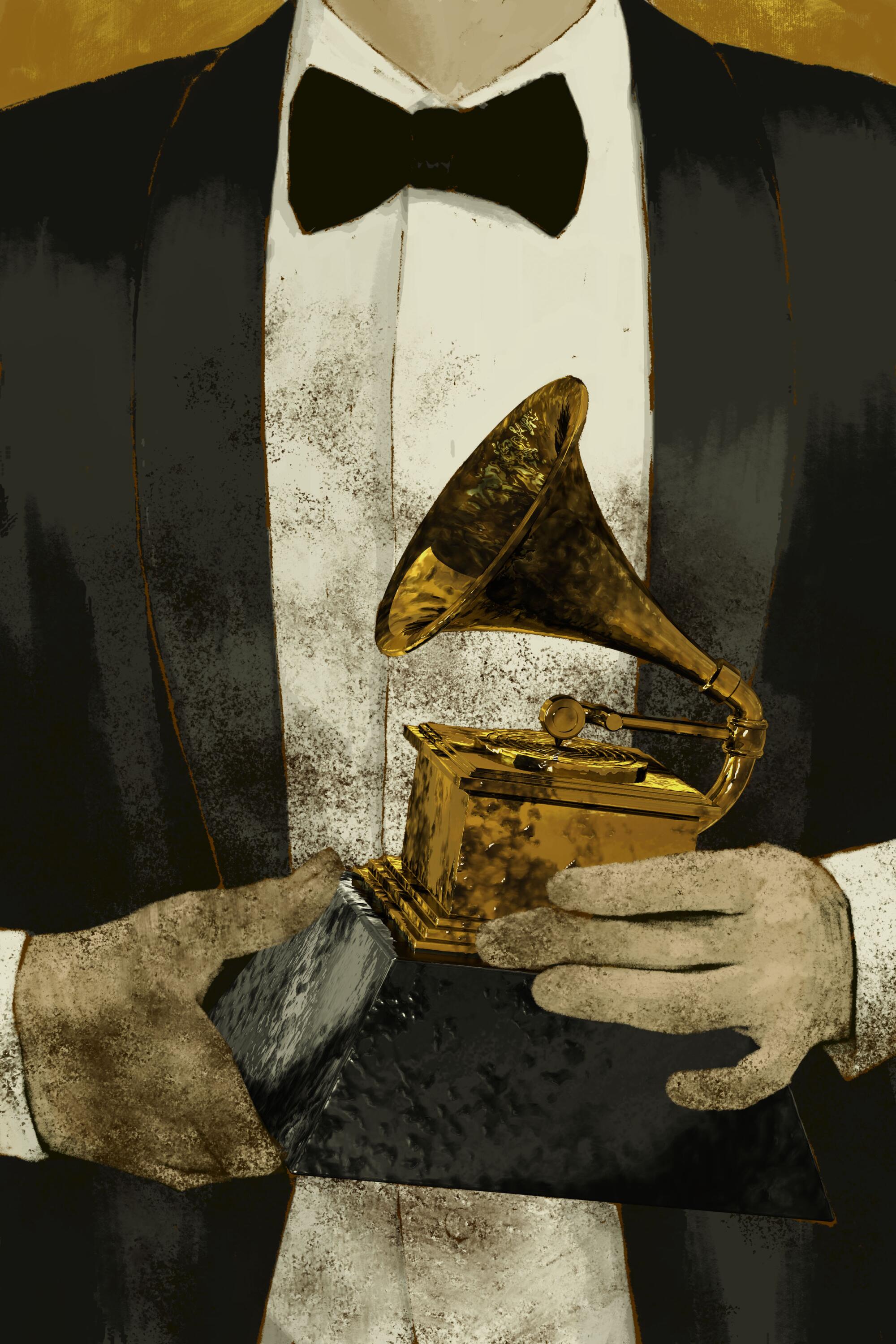 The torso of a person in a tuxedo holding a Grammy statuette