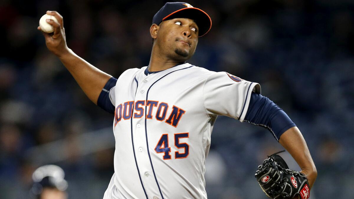 Astros reliever Michael Feliz works against the Yankees during a game Wednesday in New York.