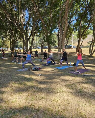 People partake in an outdoor yoga class in Elysian Park in November. 