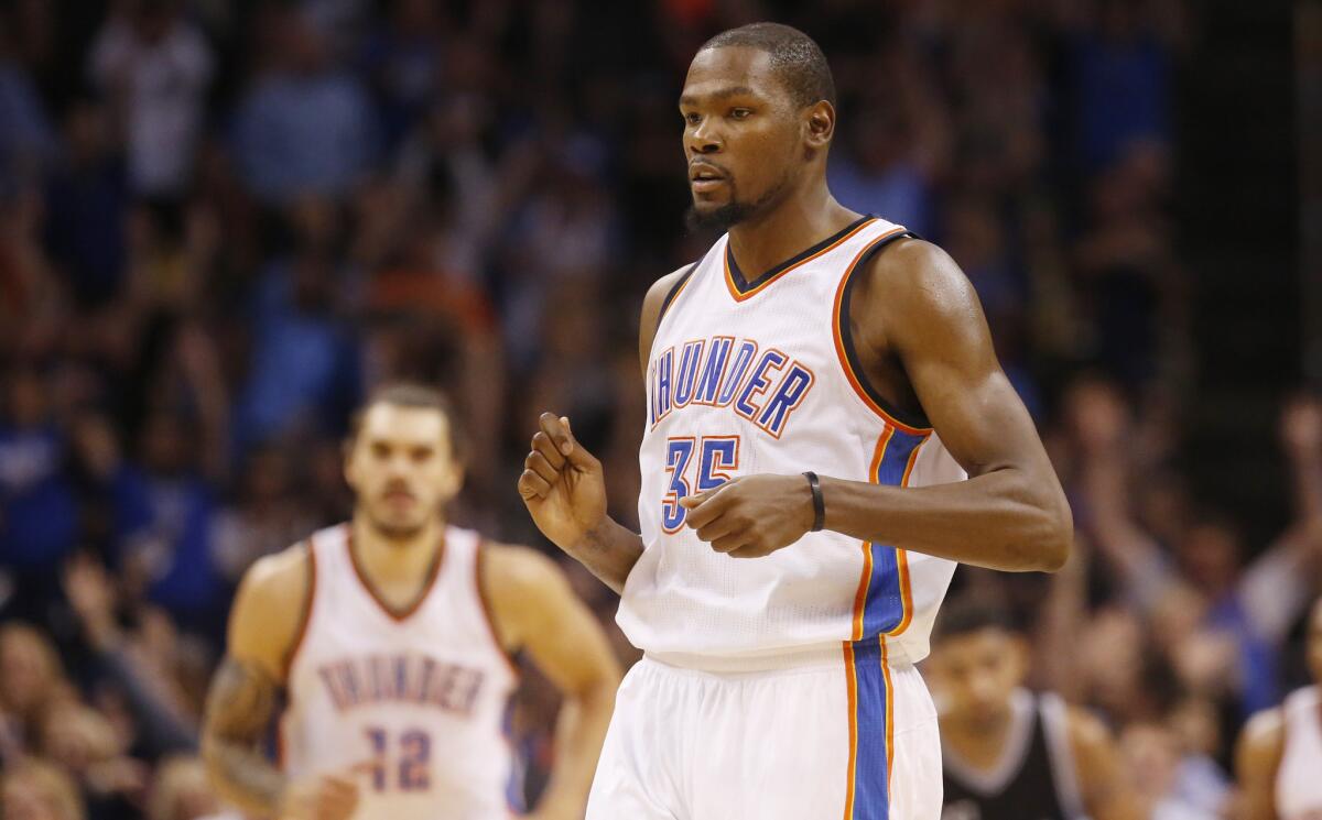 Thunder forward Kevin Durant plays during an Oct. 28 game against the San Antonio Spurs in Oklahoma City.