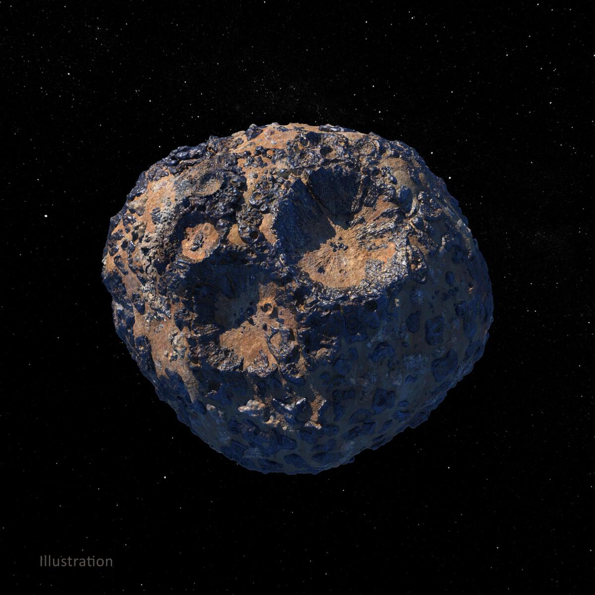 An illustration depicting a black potato-like rock with craters and orange markings