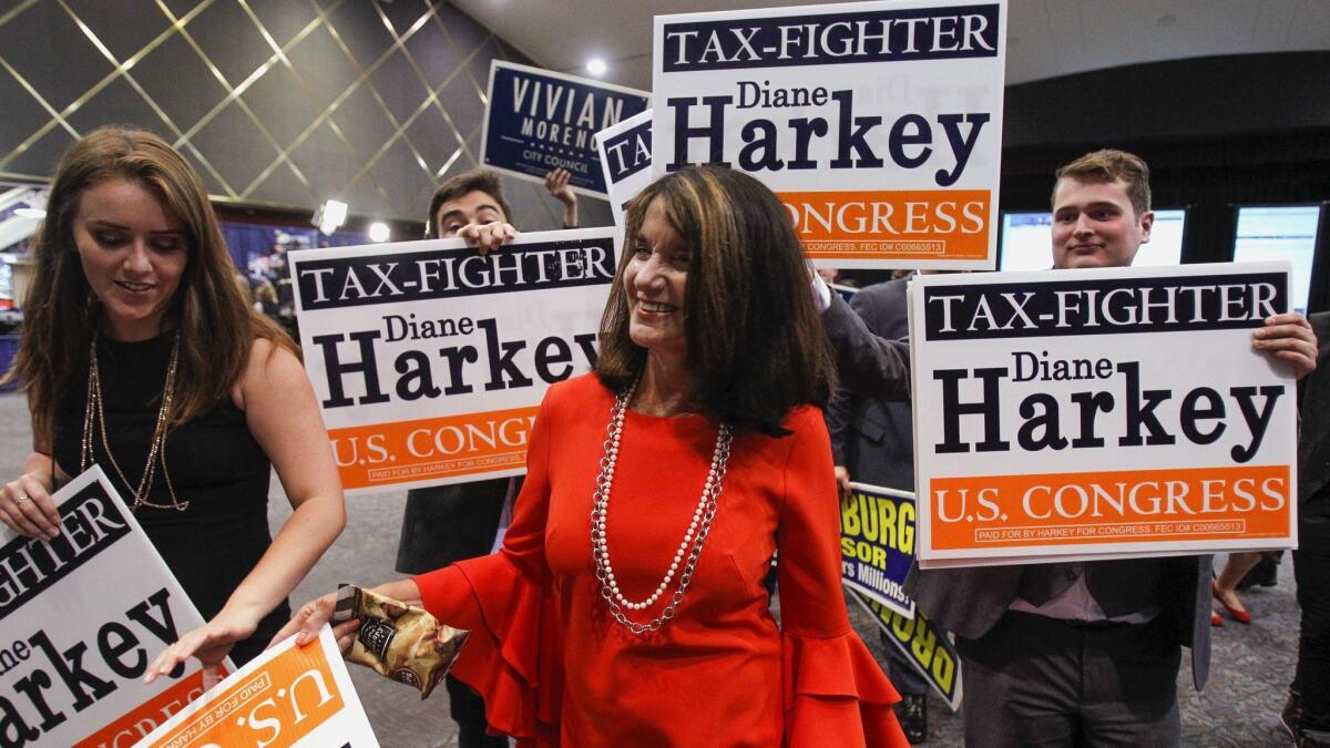 Diane Harkey, candidate for the 49th Congressional District, with her supporters in Golden Hall in San Diego on Tuesday.