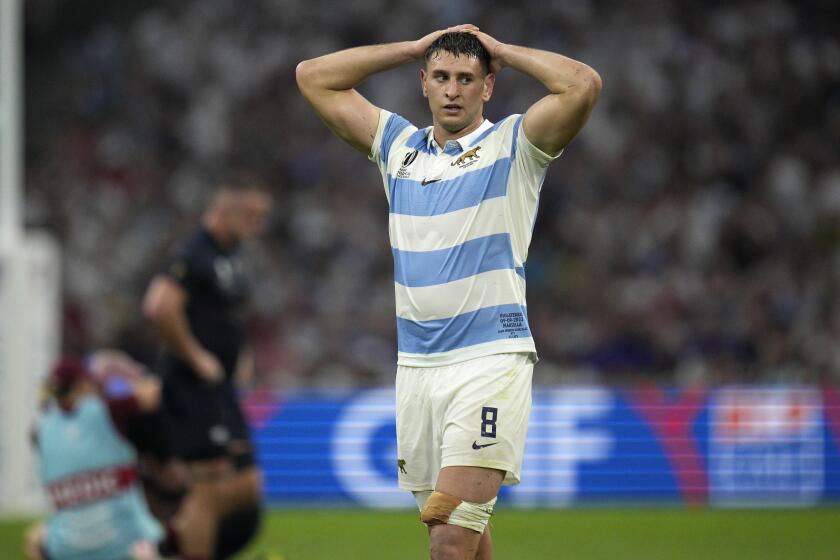 Argentina's Juan Martin Gonzalez reacts during the Rugby World Cup Pool D match between England and Argentina in the Stade de Marseille, Marseille, France Saturday, Sept. 9, 2023. (AP Photo/Daniel Cole)