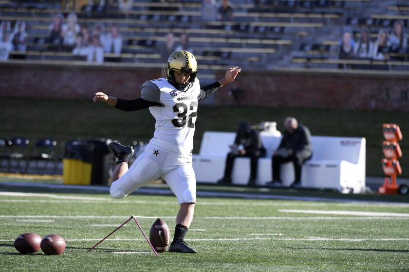 Vanderbilt place kicker Sarah Fuller warms up before the start of an NCAA college football game.