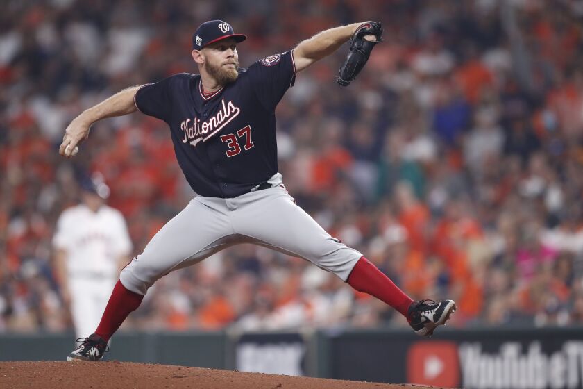 Washington Nationals pitcher Stephen Strasburg throws against the Houston Astros in the bottom of the first inning of their MLB 2019 World Series game two at Minute Maid Park in Houston, Texas, USA, 23 October 2019. The American League Champion Astros face the National League Champion Washington Nationals in a best-of-seven series to determine Major League Baseball's champion. Washington Nationals at Houston Astros, USA - 23 Oct 2019 ** Usable by LA, CT and MoD ONLY **