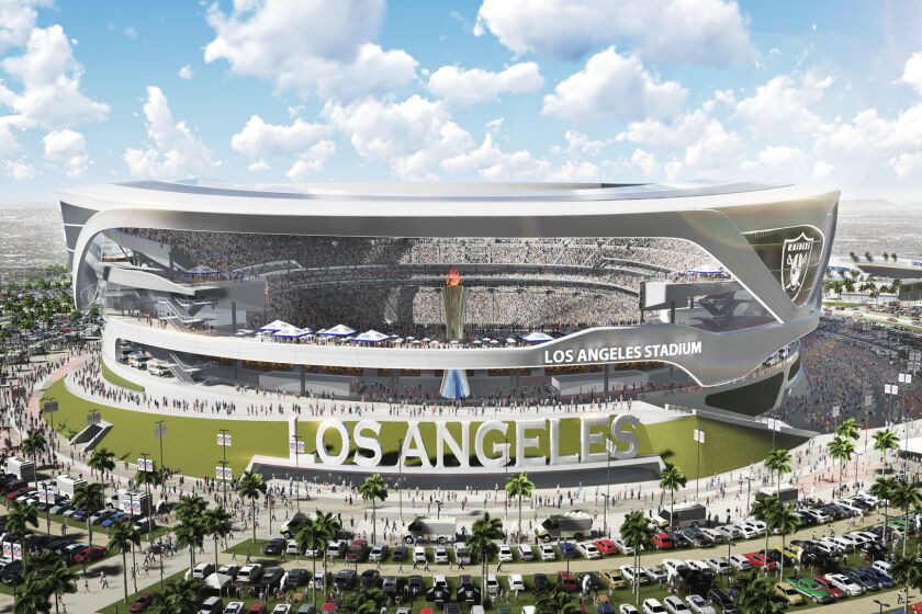 A new rendering of the proposed $1.7-billion stadium in Carson shows a side view of the open-air arena.