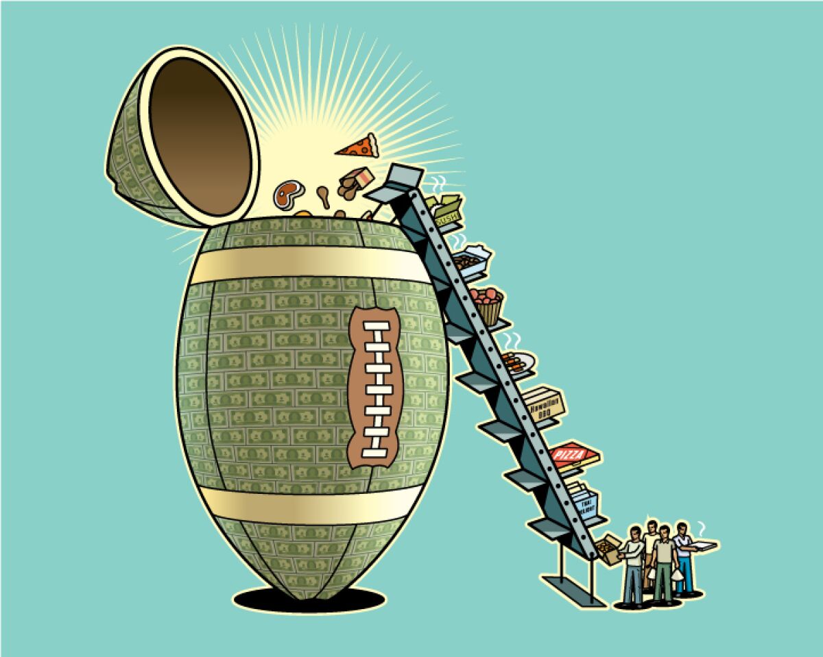 An illustration shows food being dumped into a giant football.