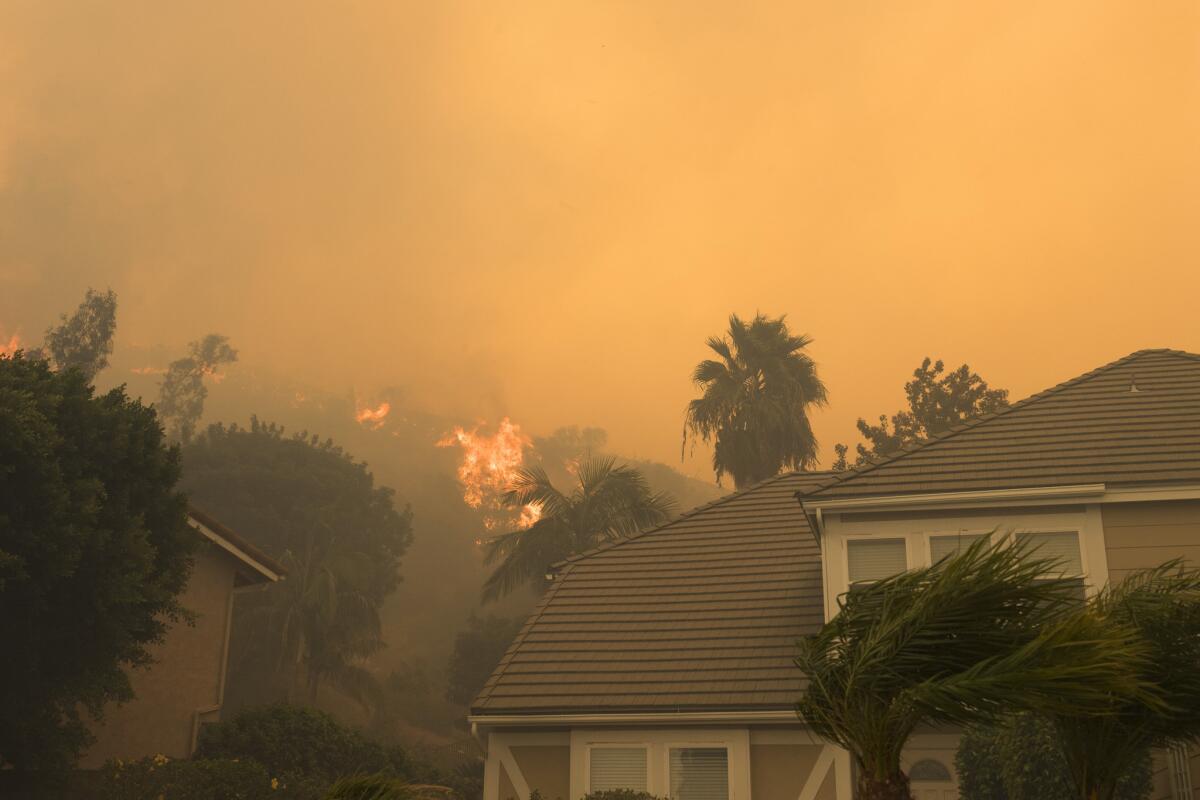 Fire burns in the Anaheim Hills area Monday morning.