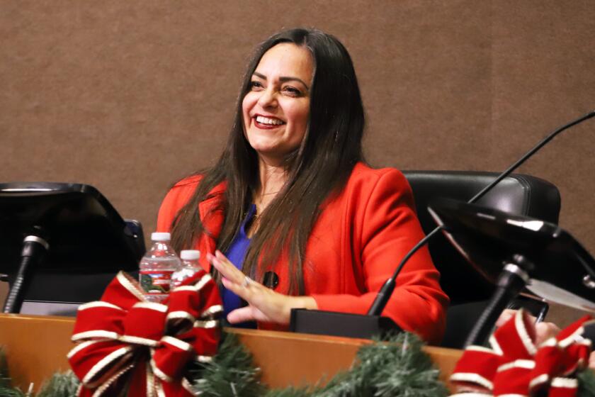 Gracey Larrea-Van Der Mark Huntington Beach Mayor Pro Tem, smiles as she is called to be appointed the 87th Mayor of Huntington Beach during a Huntington Beach City Council meeting at the Huntington Beach City Hall in Huntington Beach on Tuesday, December 5, 2023. (Photo by James Carbone)