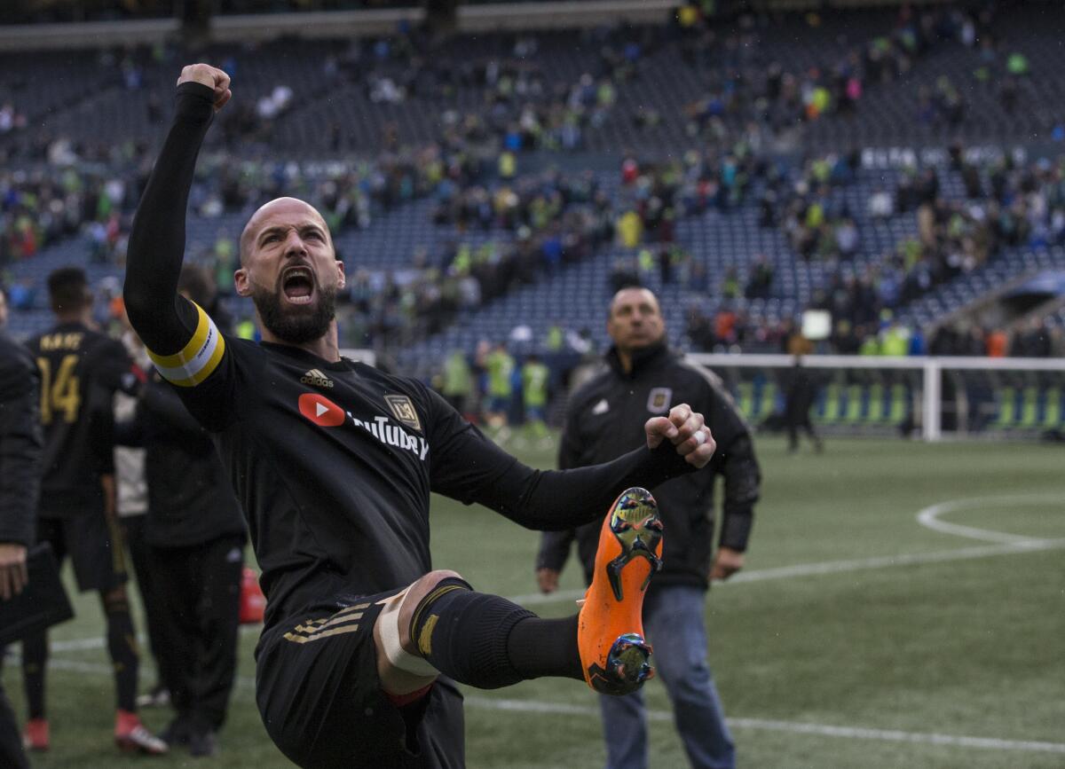 SEATTLE, WA - MARCH 4: Laurent Ciman #23 of Los Angeles FC celebrates after a match against the Seattle Sounders at CenturyLink Field on March 4, 2018 in Seattle, Washington. Los Angeles FC won 1-0.