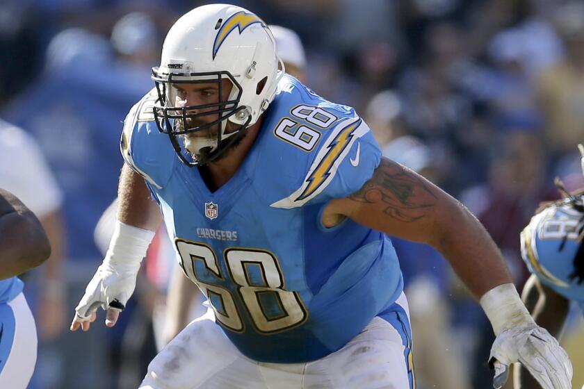 San Diego Chargers center Matt Slauson (68) during the second half of an NFL football game against the Tennessee Titans Sunday, Nov. 6, 2016, in San Diego. (AP Photo/Rick Scuteri)