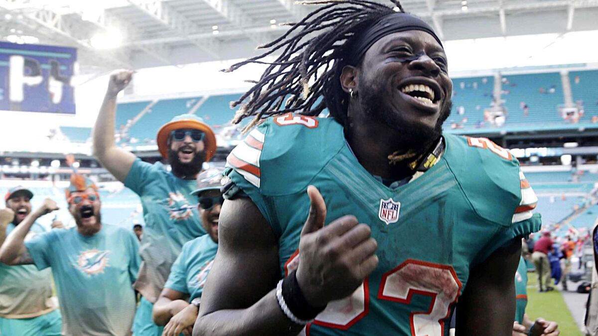 The Dolphins averaged 114 rushing yards behind a forceful offensive line, which when completely healthy averaged 154 rushing yards per game with Pro Bowl center Mike Pouncey in the lineup. Jay Ajayi, who rushed for 1,272 yards and eight touchdowns, averaged 4.9 yards per carry and led the NFL in yards after contact.
